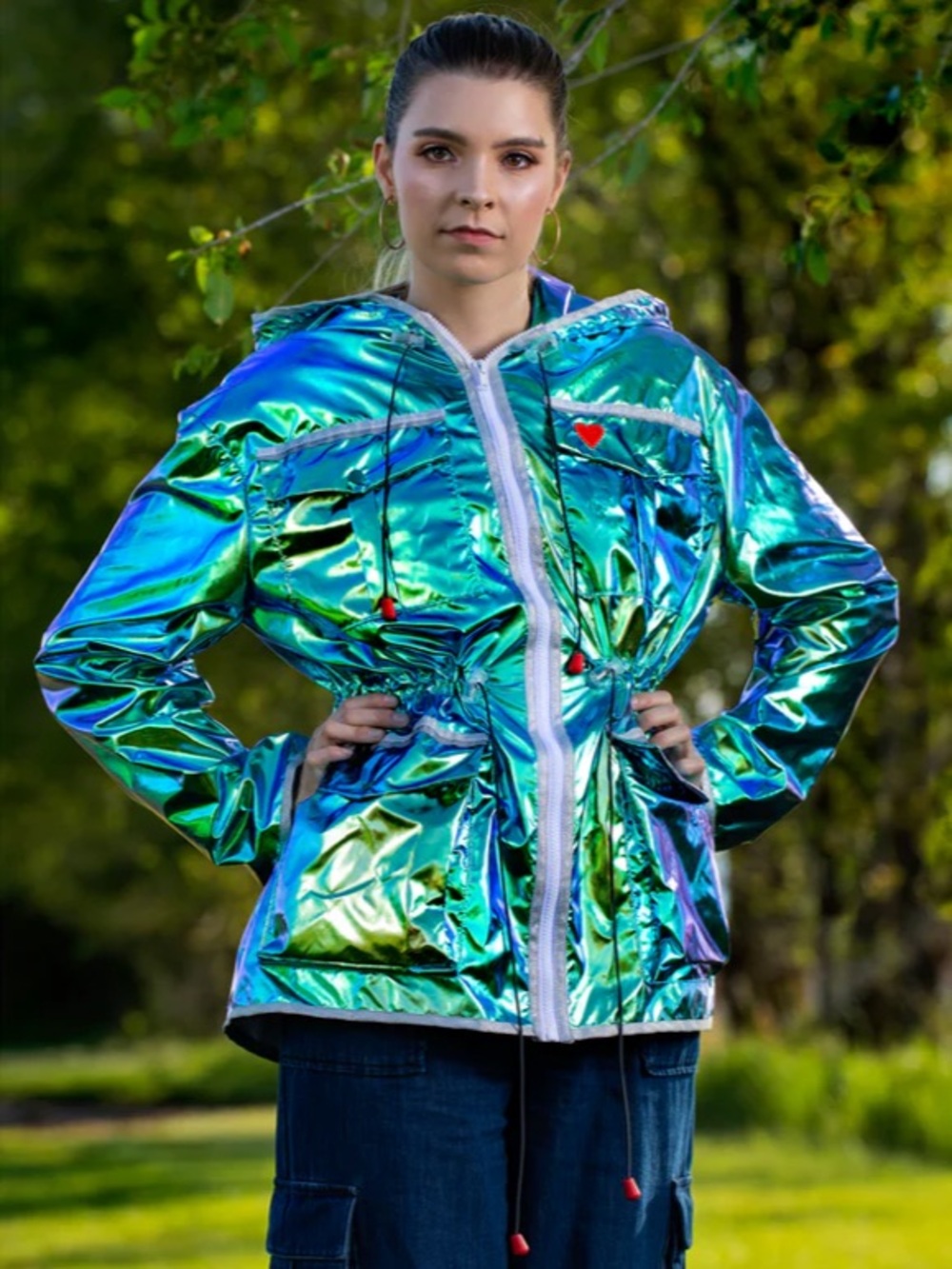 Iridescent Teal Rain Jacket with Hood